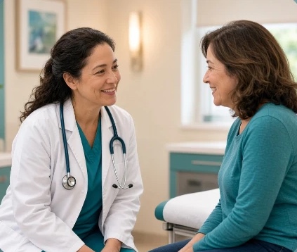 A doctor smiling and talking with a patient in an exam room